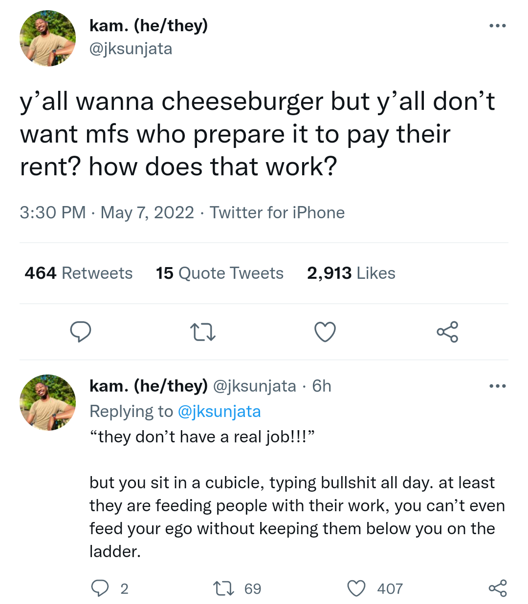 This meme is a screenshot of a Twitter conversation where a user named "kam" (or "kam.") asks "y'all wanna cheeseburger but y'all don't wanna pay rent" and "y'all wanna cheeseburger but y'all don't wanna pay rent" is followed by "y'all wanna cheeseburger but y'all don't wanna pay rent". The user then responds with a sarcastic comment about people wanting to eat cheeseburgers but not wanting to pay rent, saying "y'all wanna cheeseburger but y'all don't wanna pay rent".